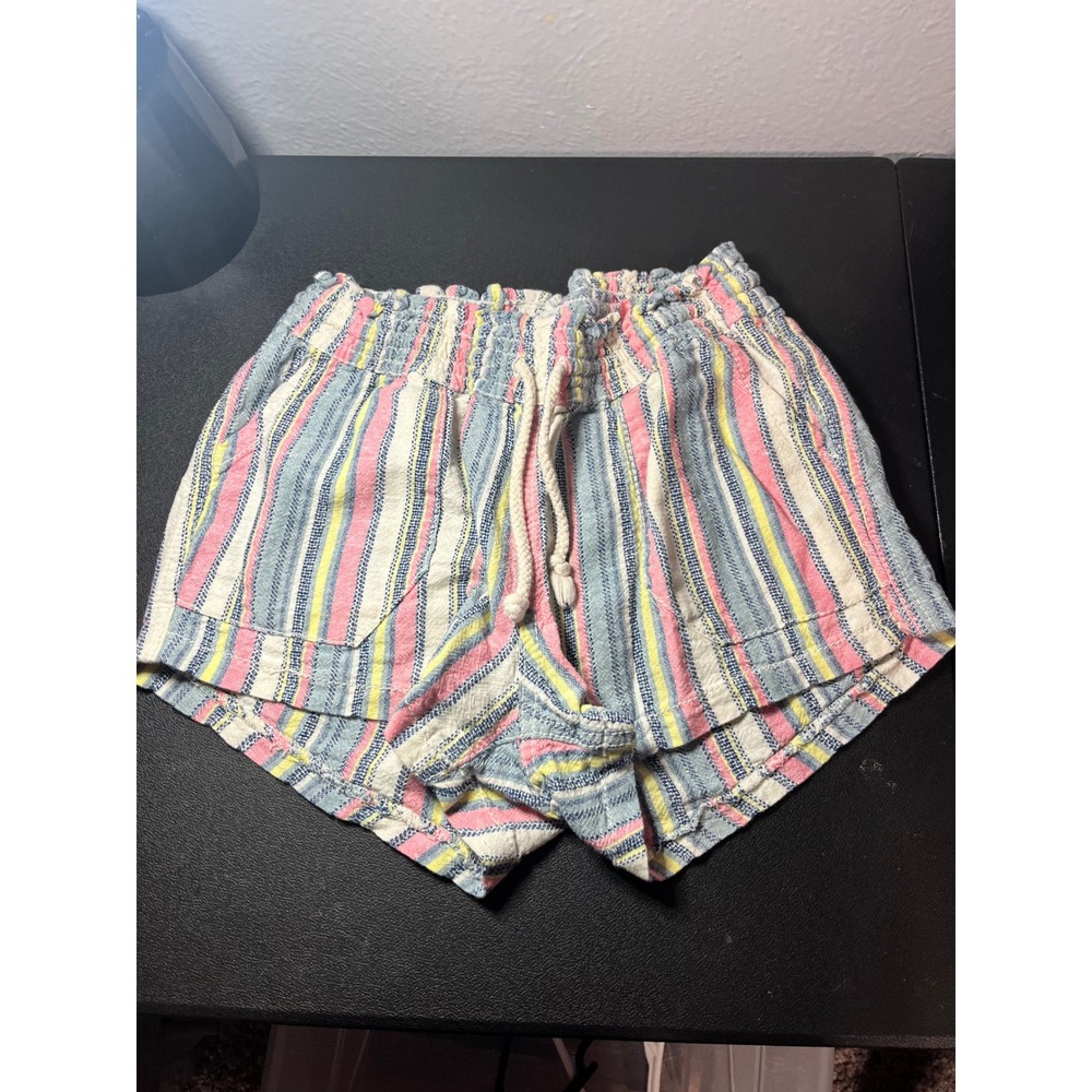 Cali 1850 Los Angeles Women Striped Cotton‎ Linen Shorts Blue Pink Yellow Small